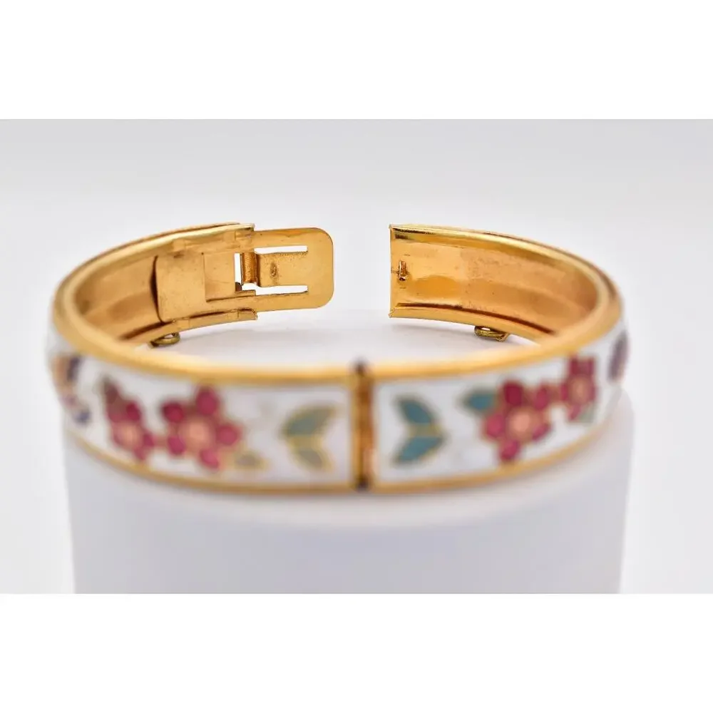 Vintage Cloisonne Enamel Floral Butterfly Gold Tone Hinged Bangle Bracelet BinBR